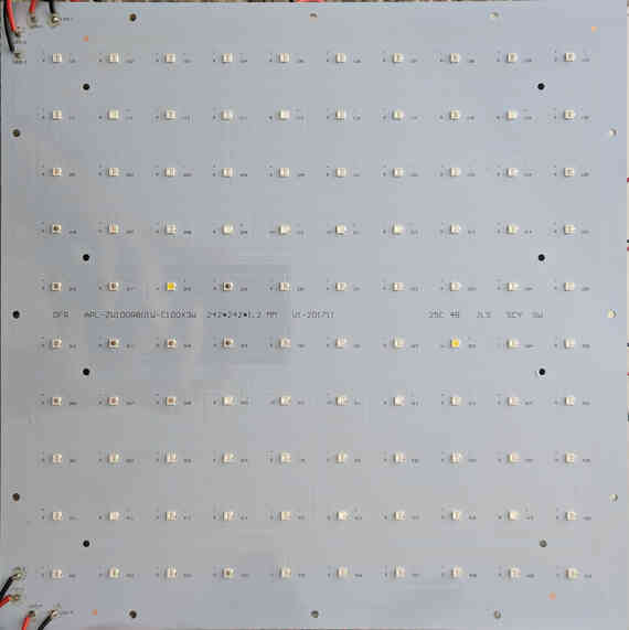 The front of the LED PCB. Each constant-current power supply is attached to 24 LEDs in series.
