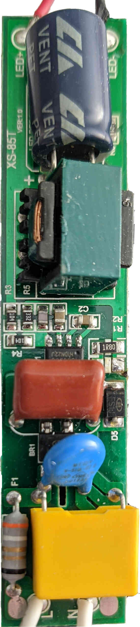 The circuit board for the fan constant-current power supply. This is a non-isolated power supply, and will go all the way up to line voltage if there is no load.