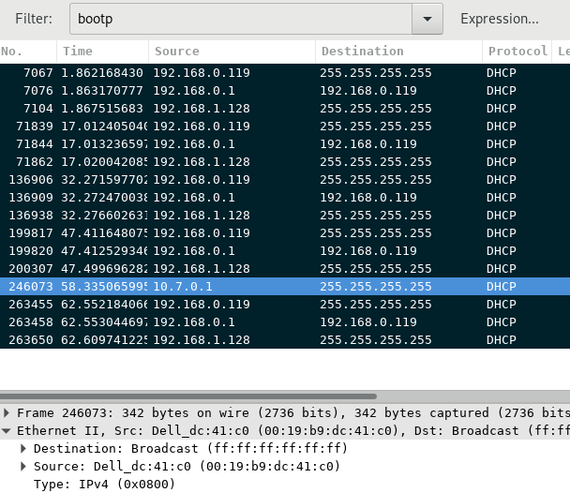 Wireshark screenshot, with the good server selected