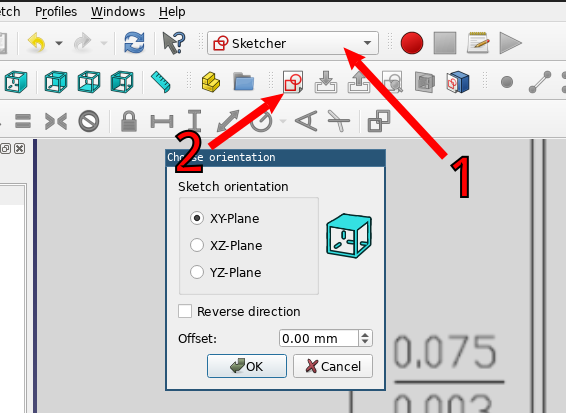 1: sketcher mode selector; 2: create a new sketch
