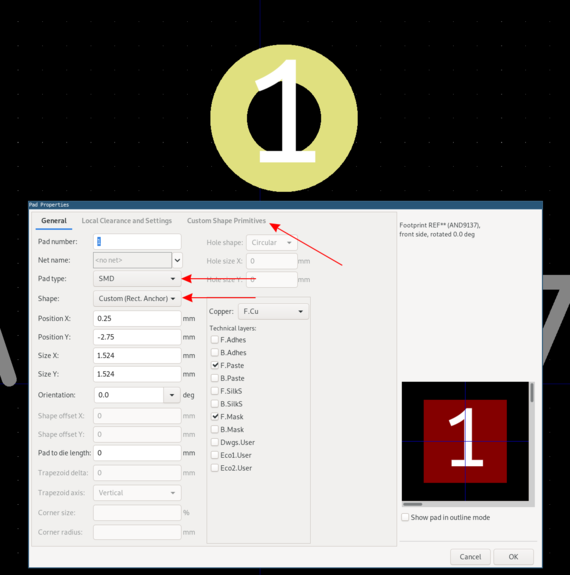 KiCad pad settings dialog